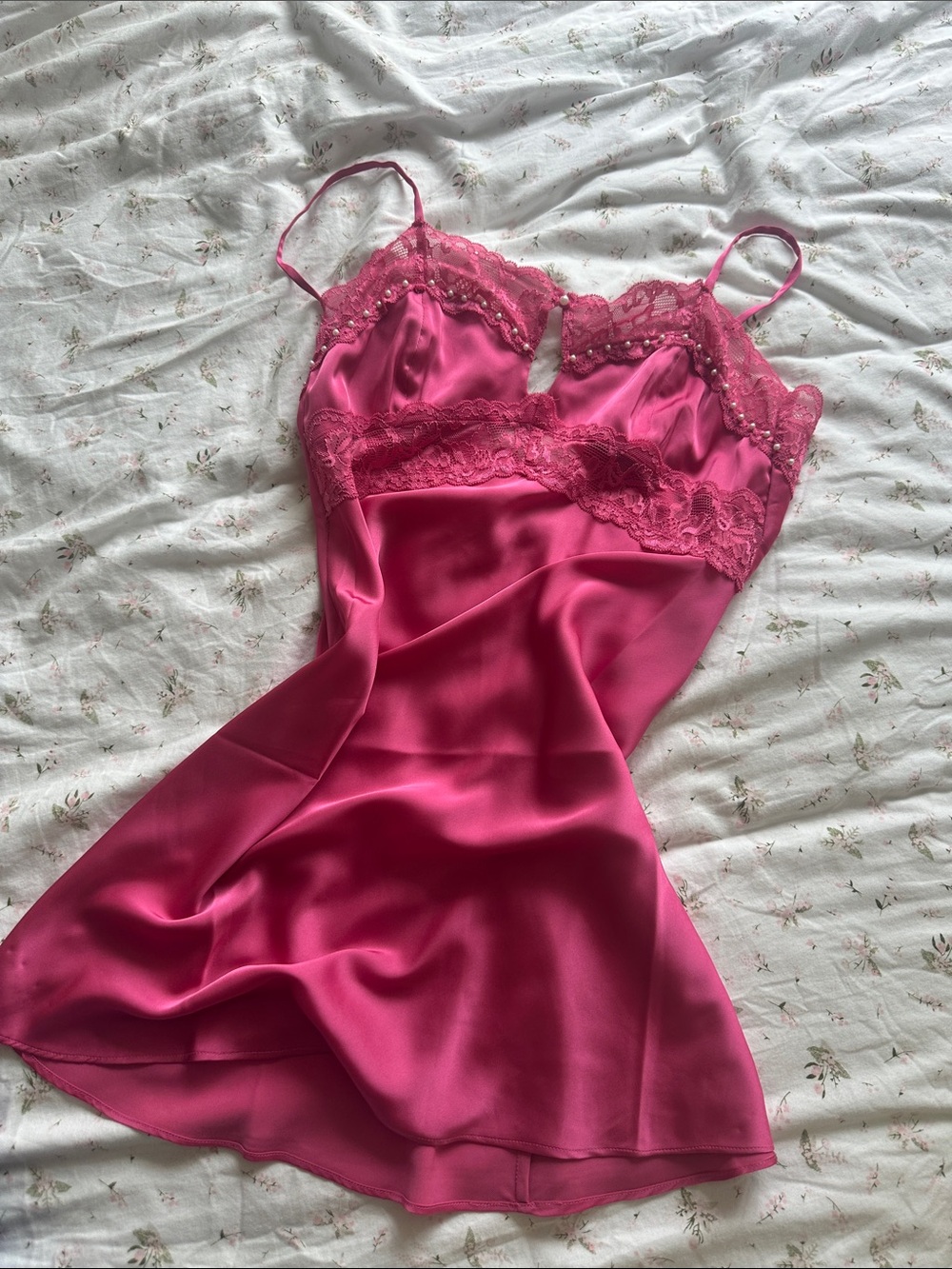 Danielle Guizio Hot Pink Satin Lace Slip Mini Dress